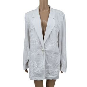Vintage 80s White Cotton Longline Blazer with Crochet Lace Appliques
